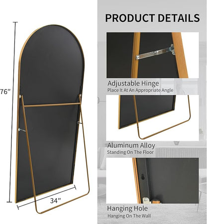 Beauty4U Arched Full Length Mirror 76" x 34", Gold Large Full Body Mirror with Stand, Floor Standing & Wall Mounted HD Tempered Glass Dressing Mirror for Bedroom, Living Room, Entryway