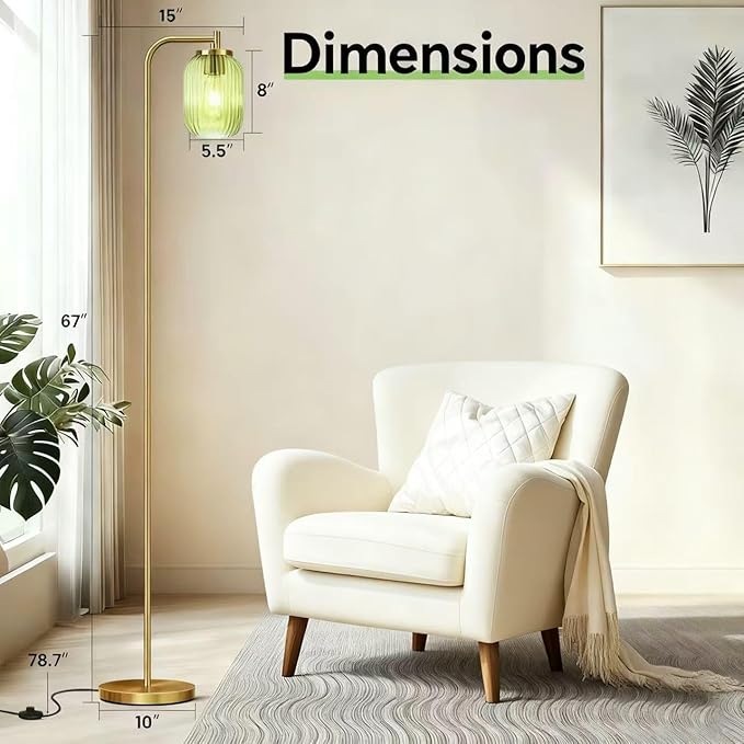 Vintage Glass Floor Lamp for Living Room, Bedroom, Modern Green Ribbed Glass Standing Lamp with Pedal Switch, 67'' Tall, Brushed Gold