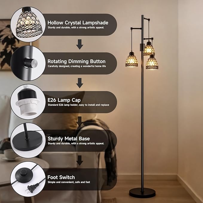 -Modern 3-Head Floor Lamp with Crystal Beads, Industrial Metal Standing Lamp Adjustable Hanging Light for Living Room-Black