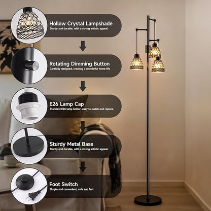 -Modern 3-Head Floor Lamp with Crystal Beads, Industrial Metal Standing Lamp Adjustable Hanging Light for Living Room-Black