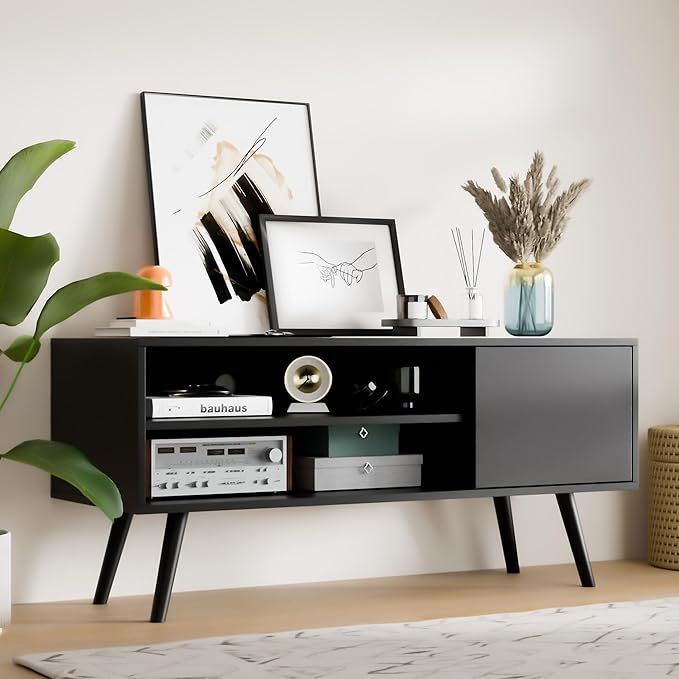 Cozy Castle TV Stand for 48-55 Inch TV, Mid Century Modern Entertainment Center with Storage Cabinet, TV Media Console with Charging Station for Living Room (Black, 43.3" W x 15.7" D x 19.5" H)