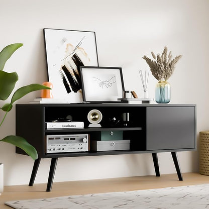 Cozy Castle TV Stand for 48-55 Inch TV, Mid Century Modern Entertainment Center with Storage Cabinet, TV Media Console with Charging Station for Living Room (Black, 43.3" W x 15.7" D x 19.5" H)