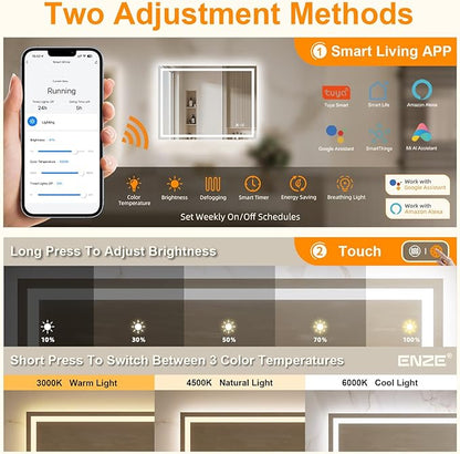 ENZE 24" x 32" Smart LED Bathroom Mirror with Lights, WiFi & Alexa Voice Control, Anti-Fog Wall-Mounted Vanity Mirror, Dimmable 3-Color, Plug-in/Hardwired, Horizontal/Vertical
