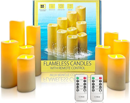 YIWER Waterproof Flameless Candles, Outdoor Battery Operated LED Pillars Candles, Electric Fake Candle Set of 9 with Remotes, Halloween, Christmas Decorations