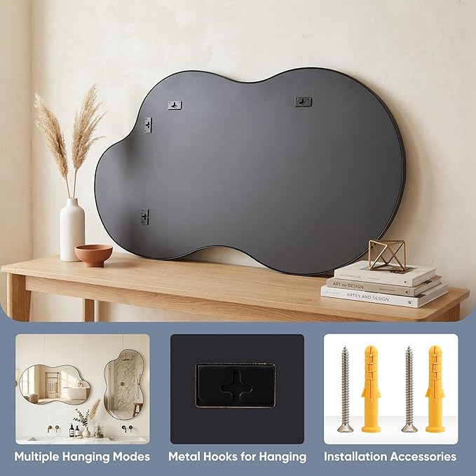 Irregular Wall Mirror, 28"x55" Asymmetrical Mirror with Metal Frame, Modern Unique Decorative Mirrors for Bathroom, Wall Decor, Entryway, Living Room, Black