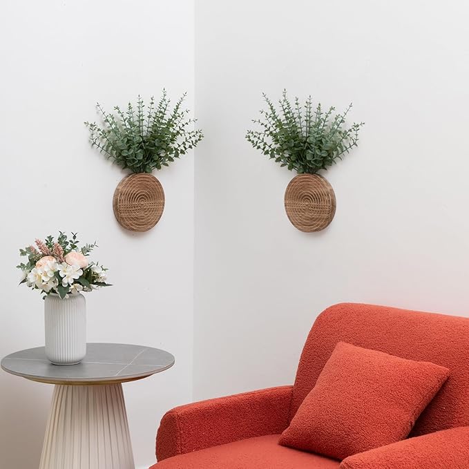 2 Pack Round Wooden Wall Vase Indoor Plants Hanging Boho Modern Farmhouse Wall Art Decor for Living Room, Bathroom Entryway, Hallway Fake Flower Plants
