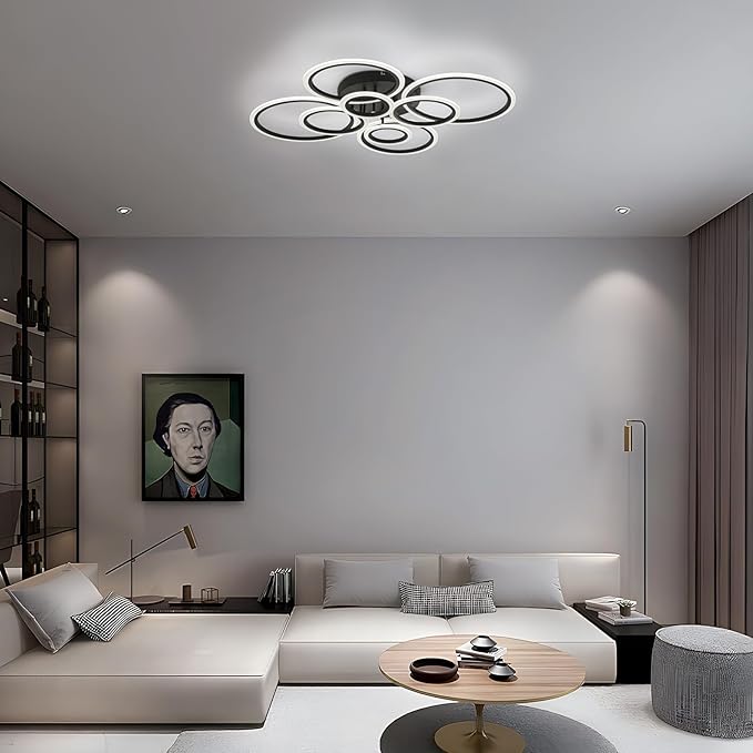 Modern LED Flush Mount Ceiling Light, 8 Rings Black Close to Ceiling Light Fixtures, Living Room Lighting Ceiling Lamp for Dining Room, Bedroom, Kitchen, 4000K Not Dimmable