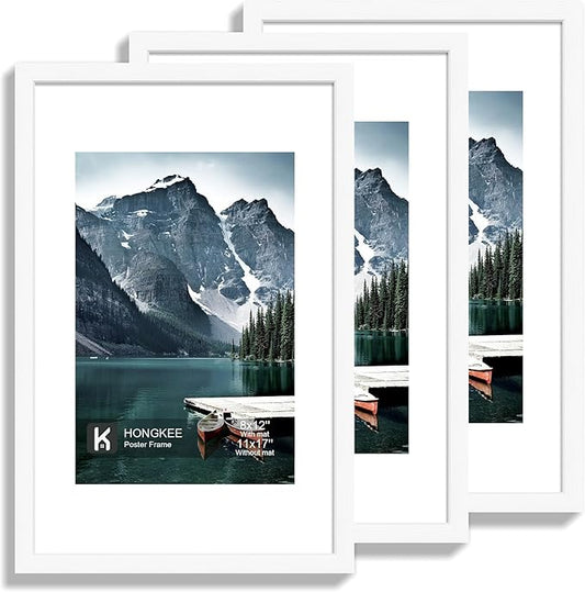 Hongkee 11x17 Picture Frame Set of 3 - Display 8x12 Photo with Mat or 11 x 17 Poster without Mat, Wall Mounting Horizontal and Vertical, White