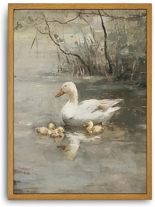 Framed Vintage Duck Canvas Wall Art, Farmhouse Animal Pictures Wall Decor, Rustic Country Nature Paintings Prints Cottagecore Home Decor Artwork for Living Room Bedroom Bathroom 8x10in