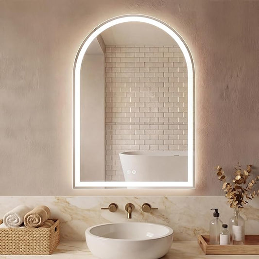 DUMOS 28"×36" LED Bathroom Mirror with Lights, Arched Vanity Mirror with Anti-Fog, Dimmable, 3-Color Light, Memory Function, Front Light and Backlit, Tempered Glass
