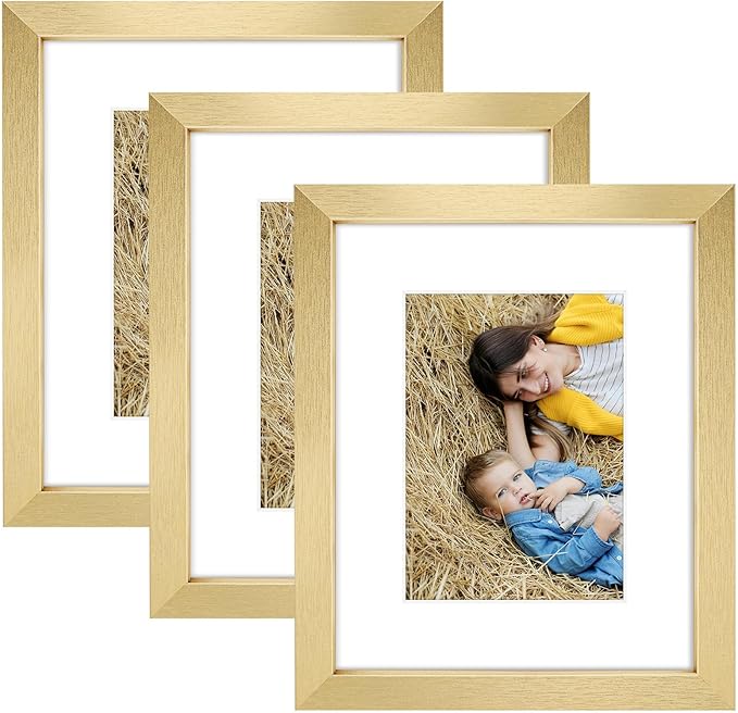 Golden State Art, 8x10 Picture Frame Set of 3 - Matted to 5x7 Photo - Engineered Wood Gallery Frame Set - Wall Mounting or Tabletop Display (Gold, 3 Pack)