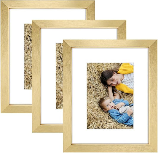 Golden State Art, 8x10 Picture Frame Set of 3 - Matted to 5x7 Photo - Engineered Wood Gallery Frame Set - Wall Mounting or Tabletop Display (Gold, 3 Pack)