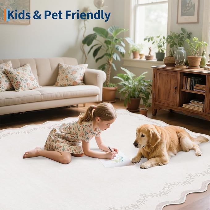 GarveeHome 5x7 Scalloped Area Rug Beige Neutral Washable Rugs for Living Room Bedroom, Soft Low Pile Non Slip Accent Floor Mat Solid Floral Print Throw Rug Farmhouse Indoor Carpet for Dorm Playroom