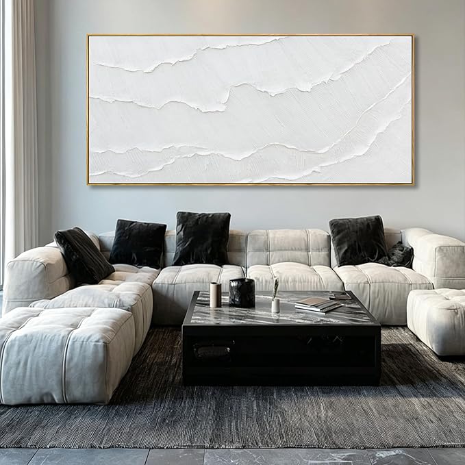 Extra Large Modern White sea wave Line Abstract Artwork Framed Neutral Canvas Wall Art for Living Room Bedroom Office Minimalist Decor 40x88 Inch