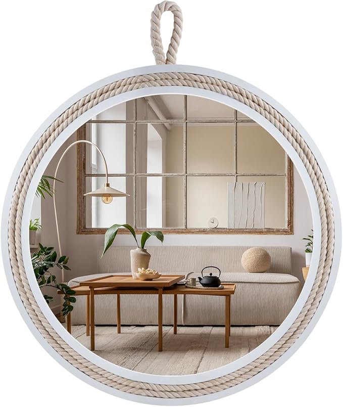 Small Decorative Mirror 11.4'' Round Hanging Mirror for Wall Nautical Rope Mirror for Bathroom Office Living Room All Occasions, White Accent 2