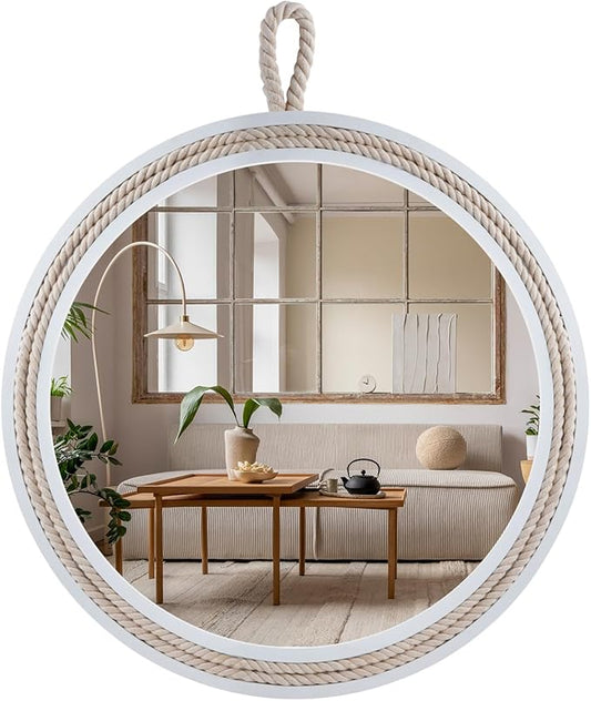 Small Decorative Mirror 11.4'' Round Hanging Mirror for Wall Nautical Rope Mirror for Bathroom Office Living Room All Occasions, White Accent 2