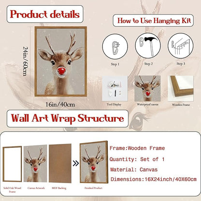 Framed Christmas Wall Art, Vintage Red Nose Reindeer Canvas Wall Decor Paintings, Rustic Winter Cute Deer Pictures Prints Farmhouse Home Decoration for Living Room Bedroom 16×24 inch