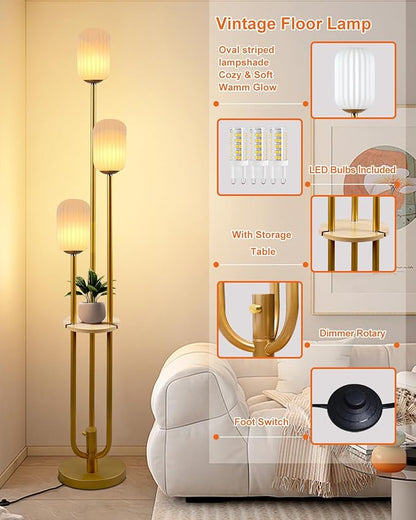 Floor Lamp for Living Room, Dimmable Vintage Floor Lamp with Shelf & LED Bulbs, 3 Light 3000K Soft Warmwhite Mid Century Standing Lamp, Tall Lamps with 5Lbs Heavy Base for Bedroom Office
