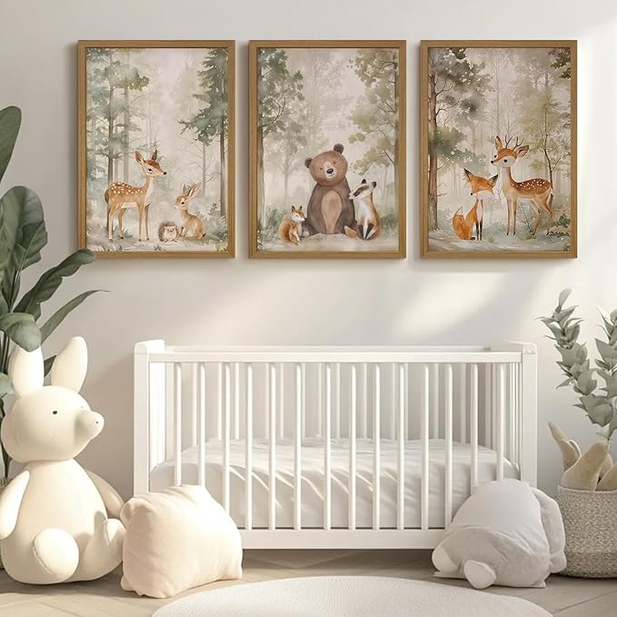 Woodland Nursery Wall Art Decor Animal Forest Canvas Prints Baby Boy Room Wall Decor Bear Nursery Nature Pictures Deer Prints Artwork for Boy Girl Kids Bedroom 12x16 Inch Wood Framed Set of 3