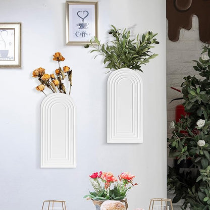 Wall Planter for Indoor Plants, Wood Wall Decor Hanging Planter, Wall Vases for Decor Dried Flowers and Faux Greenery, Set of 2 Farmhouse Wall Vase for Living Room, Bedroom, White