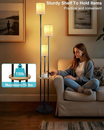 63IN Dimmable Floor Lamp with Shelf, Unique Black Tall Standing Lamps with Table, 3000K Warmwhite Mid Century Modern Floor Lamp with 5Lbs Heavy Base for Living Room/Bedroom (Bulbs Included)