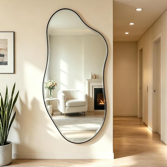 POZINO Large Irregular Beveled Mirror, 63"x31.5" Premium Asymmetrical Wall Mirror with Metal Frame, Organic Shaped Mirrors for Living Room Bedroom Hallway Entryway, Horizontal/Vertical Hanging