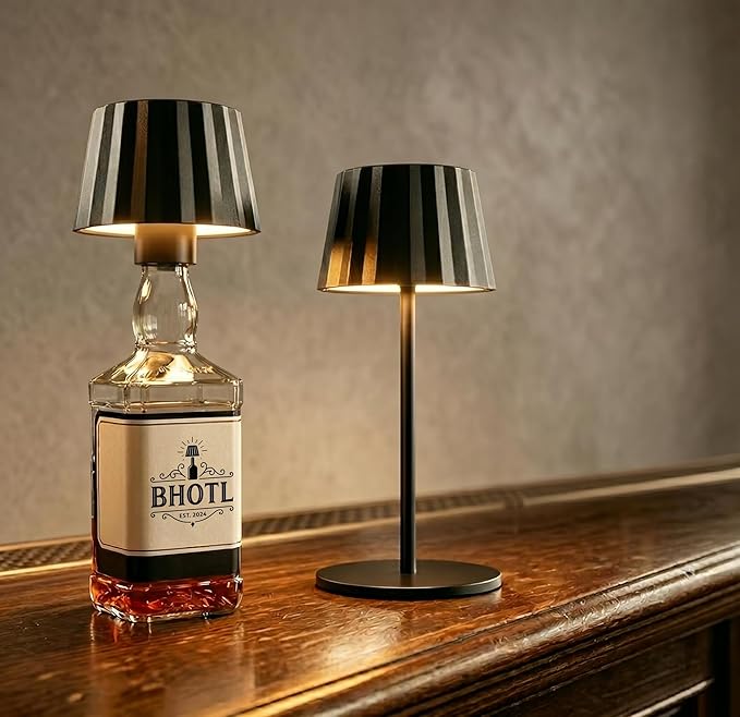Modern 2-in-1 Table Lamp & Bottle Lamp, Pleated Metal Shade Touch Control Lamp | Adjustable Height, Warm Light & RGB, Stepless Dimming, Anti-Tip Design,Pleats,Black