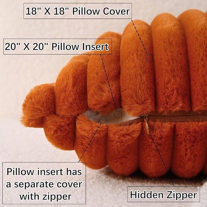 Decorative Throw Pillow with Inserts, Set of 2 Soft Faux Fur Throw Pillows, Square Boho Striped Pillow for Couch, Bed, Sofa Decor (Brownish-Orange, 18" x 18"(Pack of 2))