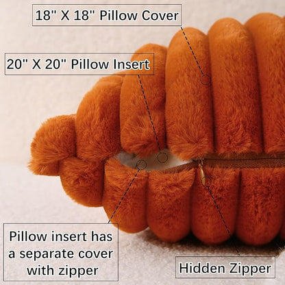 Decorative Throw Pillow with Inserts, Set of 2 Soft Faux Fur Throw Pillows, Square Boho Striped Pillow for Couch, Bed, Sofa Decor (Brownish-Orange, 18" x 18"(Pack of 2))