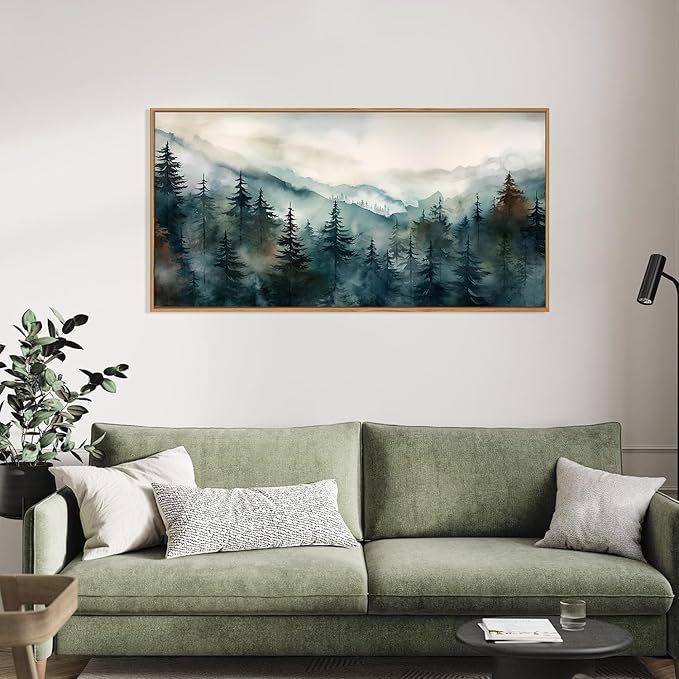 KAIRNE Watercolor Misty Forest Framed Canvas Wall Art Set, Nature Landscape Wall Decor, Foggy Mountain Pine Trees Wall Painting, Jungle Scenery Artwork for Living Room, Bedroom, Office-40 x20 x1