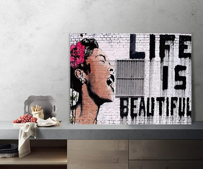 Graffiti Wall Art Inspirational Canvas Art Print Life is Beautiful Graffiti Pop Art Posters for Living Room Bedroom Decoration Stretched and Framed Easy to Hang - 24" W x 18" H