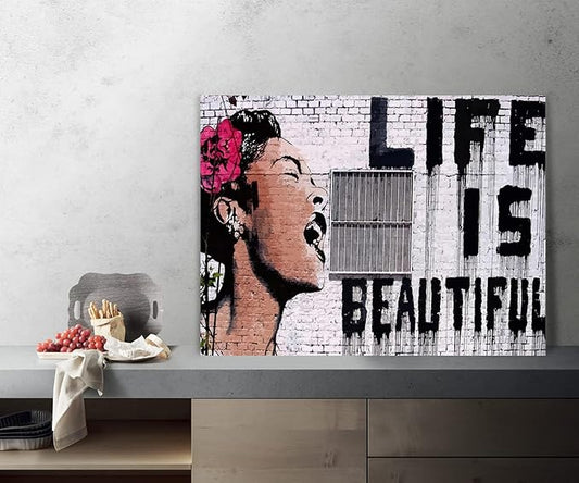 Graffiti Wall Art Inspirational Canvas Art Print Life is Beautiful Graffiti Pop Art Posters for Living Room Bedroom Decoration Stretched and Framed Easy to Hang - 24" W x 18" H