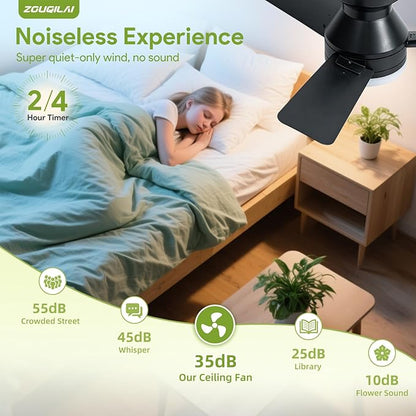 26" Black Ceiling Fans with Lights and Remote, Low Profile Ceiling Fan with Light, Reversible DC Motors, 3CCT Dimmable Timer Noiseless, Flush Mount Ceiling Fan for Bedroom/Living Room