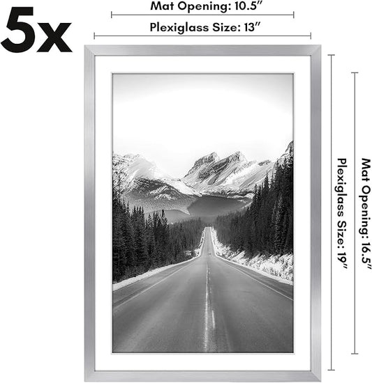 Americanflat 13x19 Picture Frame with Polished Plexiglass - Set of 5 - Use as 11x17 Frame with Mat or Display 13x19 Photo Without Mat - Galleria Collection - Picture Frames for Wall Display - Silver