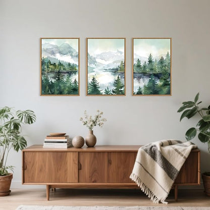 Watercolor Mountain Framed Canvas Wall Art Set, Boho Forest Wall Decor, Nature Green Pines Wall Painting, Forest Wilderness Artwork for Living Room, Bedroom, Dining Room, Office-24 x36 x3