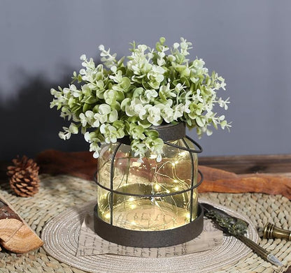 Dnnnii Vintage Glass Farmhouse Vase - Handmade Rustic Lantern Planter with Bonus Artificial Flowers & LED Lights (Home Decor Centerpiece), Farmhouse Wedding/Easter Decor, Housewarming Gift