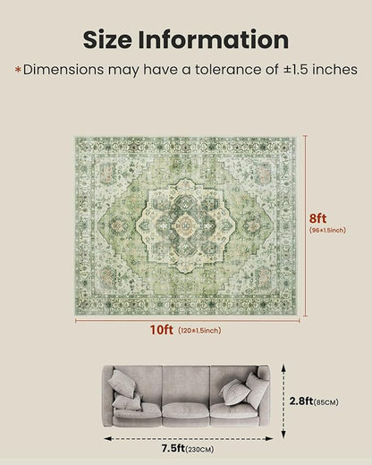AMADA HOMEFURNISHING 8x10 Area Rug, Washable Low-Profile Large Area Rug with Non-Slip Backing & Durable Edge Binding, Vintage Large Rugs for Living Room, Bedroom