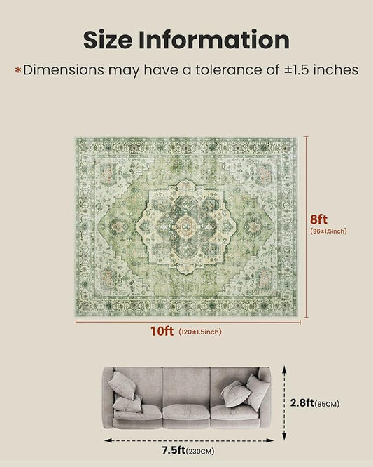 AMADA HOMEFURNISHING 8x10 Area Rug, Washable Low-Profile Large Area Rug with Non-Slip Backing & Durable Edge Binding, Vintage Large Rugs for Living Room, Bedroom