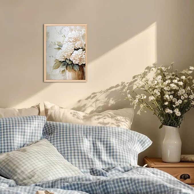 Framed Hydrangea Wall Art, White Floral Botanical Wall Decor Pictures, Vintage Flower Canvas Prints Paintings Farmhouse Aesthetic Home Decor for Living Room Bedroom Bathroom Kitchen 8x10 inch