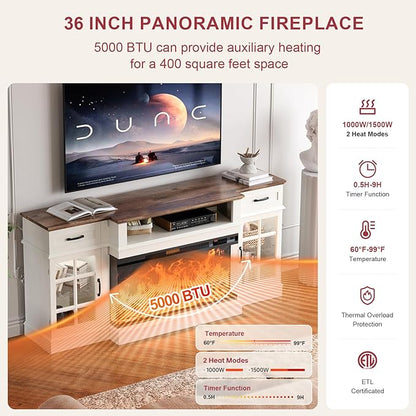 70" TV Stand with 36" Electric Fireplace, Entertainment Center Console Table for TV up to 80'', Fireplace TV Stand with Open Storage Shelves and Glass Door for Living Room, White