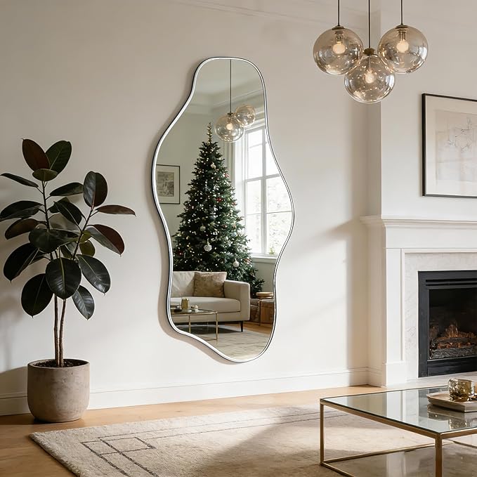Large Irregular Mirror, 63"x30" Silver Asymmetrical Tempered Glass Mirror, Modern Organic Frameless Wall Mirrors for Living Room Bedroom Hallway Entryway, Horizontal or Vertical Hanging