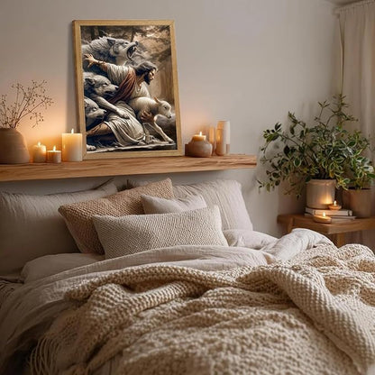 Framed Jesus and Lamb Canvas Wall Art Jesus Saves The Lost Lamb Picture Wall Decor God Protect A sheep From Wolves Painting Print Christian Poster Artwork for Living Room Bedroom Church (8x10 in)