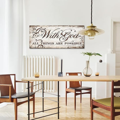KREATIVE ARTS With God All Things Are Possible Canvas Wall Art - Vintage Brown Wood Grain Pattern with Flower Design, Bible Verse Print, Rustic Home Office Decor, Christian Gifts, 20x48''