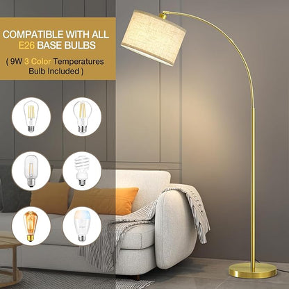 Luvkczc Arc Floor Lamp, 71" Tall Standing Lamp with On/Off Foot Switch, Gold Floor Lamp for Living Room with Adjustable Drum Lampshade, Over Couch Arched Reading Light for Reading, Bedroom, Office
