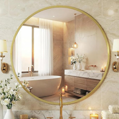 NEWBULIG 36 Inch Round Wall Mirror, Bathroom Mirror for Over Sink, Matte Metal Framed Circle Vanity Mirror, Wall Decor for Bedroom, Entryway, Anti-Rust, Tempered Glass, Hanging or Leaning, Gold