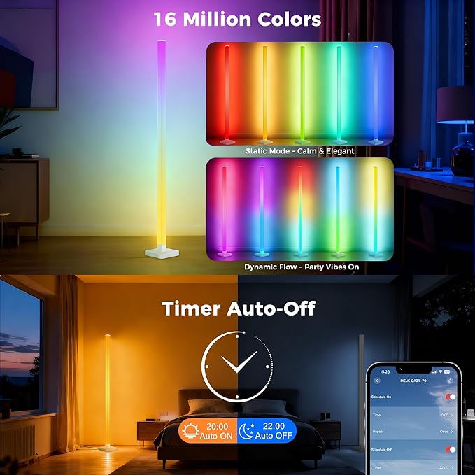 Flupuro 2 Pack DIY Corner Floor Lamps, ICRGB Floor Lamp with Music Sync and 16 Million Colors, Color Changing Standing Floor LED Lights for Bedroom Living Room Decor, Ambient Mood Lighting Gaming