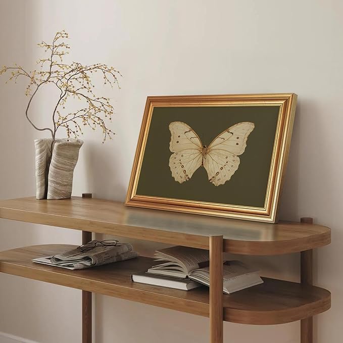 JLTULT Gold Frame White Butterfly Wall Art Print on Dark Green Background, Vintage Framed Wall Decor for Living Room, Bedroom, Office 12x16 Inch Fade-Resistant Print Easy to Hang