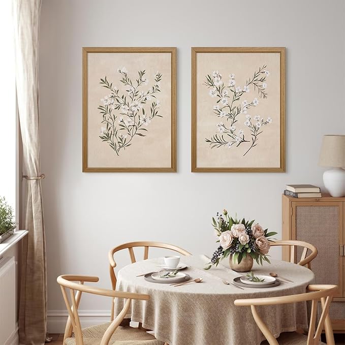Vintage Botanical Wall Art Neutral Floral Prints Farmhouse Flower Canvas Wall Decor Watercolor Wildflower Pictures Nature Minimalist Artwork for Living Room Bedroom 24x36 Inch Wood Framed Set of 2