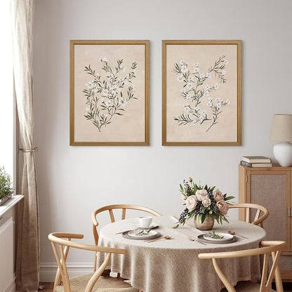 Vintage Botanical Wall Art Neutral Floral Prints Farmhouse Flower Canvas Wall Decor Watercolor Wildflower Pictures Nature Minimalist Artwork for Living Room Bedroom 24x36 Inch Wood Framed Set of 2