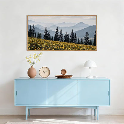 HPNIUB Mountain Sunflowers Landscape Framed Wall Art Set Nature Pine Tree Wall Decor,Boho Misty Forest Art Print Rustic Wildflower Painting Artwork for Living Room, Bedroom,Office-20''x40''